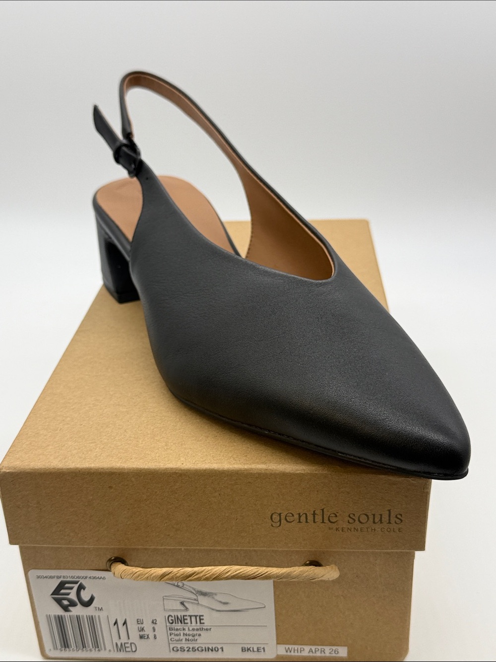 Gentle Souls by Kenneth Cole Black Leather Slingback Block Heel Mule